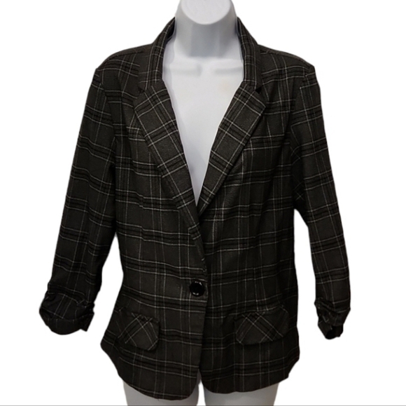 Courtenay Plaid One Button Ruched Sleeve Blazer - Picture 1 of 6